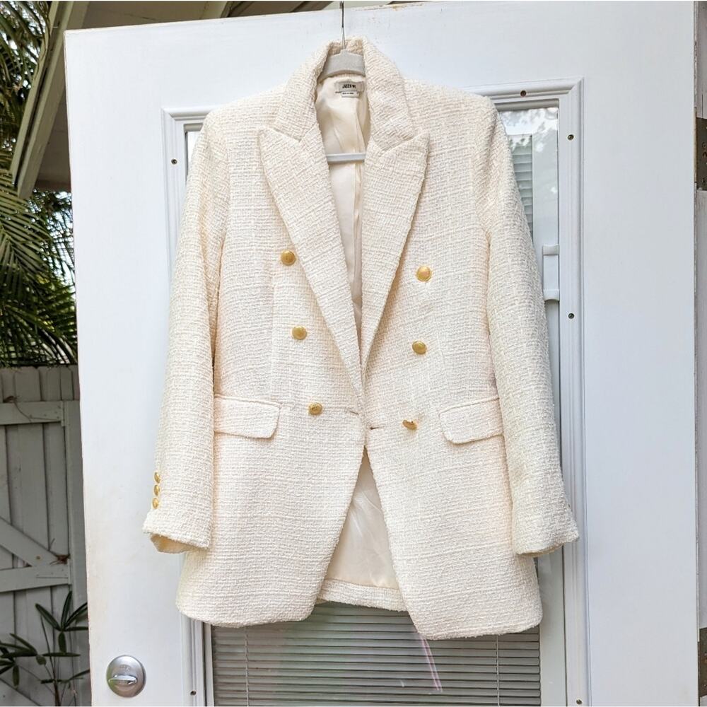 New Jason Wu Double Breasted Jacket Tweed Blazer Gold Button Off-white, size M